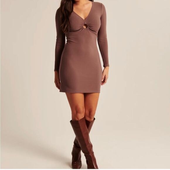 Abercrombie & Fitch NWT O Ring Long Sleeve Mini Dress Soft Brown MP - Picture 1 of 7